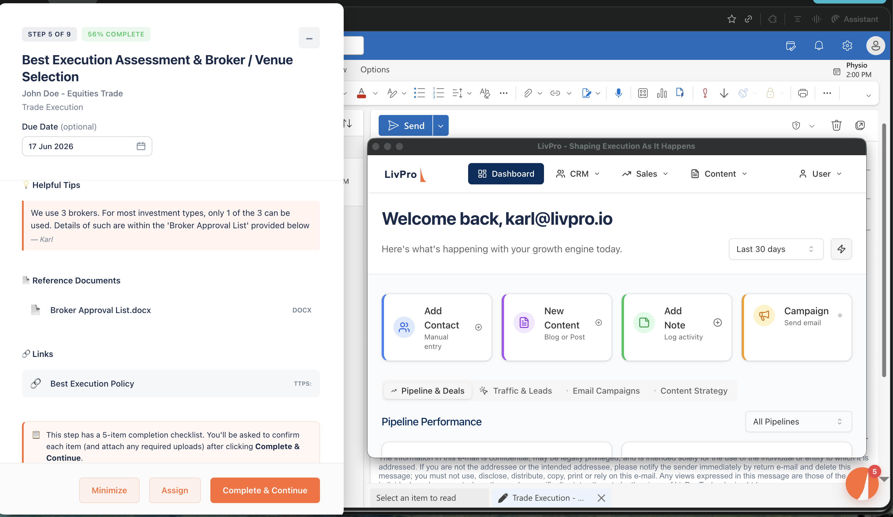 LivPro step modal showing the current step the team member is working on, with description, Tips section, due date, reference documents, and actions